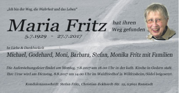 Traueranzeige von Maria Fritz von  Kreisanzeiger