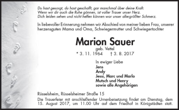 Traueranzeige von Marion Sauer von Trauerportal Rhein Main Presse