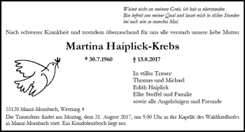 Traueranzeige von Martina Haiplick-Krebs von Trauerportal Rhein Main Presse