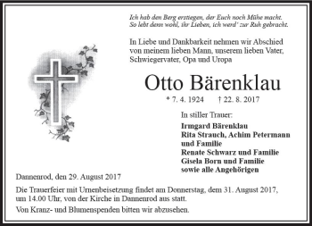 Traueranzeige von Otto Bärenklau von VRM Trauer