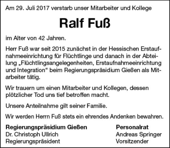 Traueranzeige von Ralf Fuß von  Gießener Anzeiger
