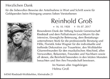 Traueranzeige von Reinhold Groß von Trauerportal Echo Online