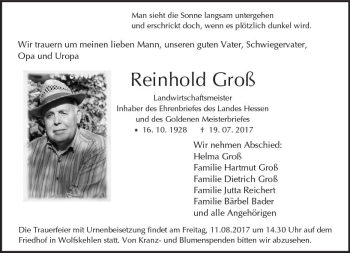Traueranzeige von Reinhold Groß von Trauerportal Echo Online