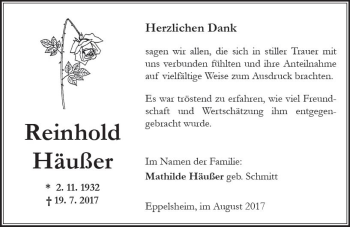 Traueranzeige von Reinhold Häußer von Trauerportal Rhein Main Presse