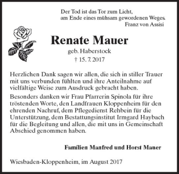Traueranzeige von Renate Mauer von Trauerportal Rhein Main Presse