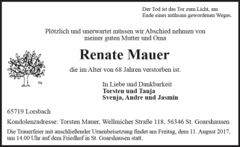 Traueranzeige von Renate Mauer von Trauerportal Rhein Main Presse
