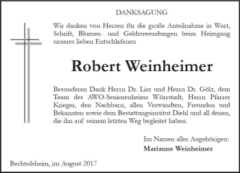 Traueranzeige von Robert Weinheimer von Trauerportal Rhein Main Presse