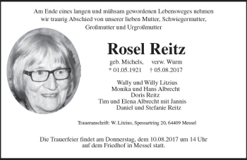 Traueranzeige von Rose Reitz von Trauerportal Echo Online