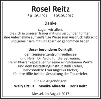 Traueranzeige von Rosel Reitz von Trauerportal Echo Online