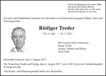 Traueranzeige von Rüdiger Treder von  Gießener Anzeiger
