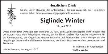 Traueranzeige von Siglinde Winter von  Kreisanzeiger