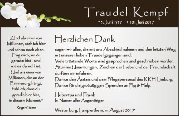 Traueranzeige von Traudel Kempf von Trauerportal Echo Online