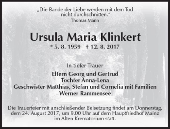 Traueranzeige von Ursula Maria Klinkert von Trauerportal Rhein Main Presse