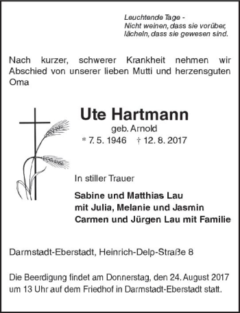 Traueranzeige von Ute Hartmann von Trauerportal Echo Online