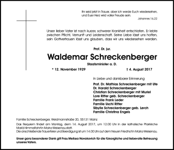 Traueranzeige von Waldemar Schreckenberger von Trauerportal Rhein Main Presse