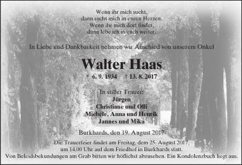 Traueranzeige von Walter Haas von  Kreisanzeiger