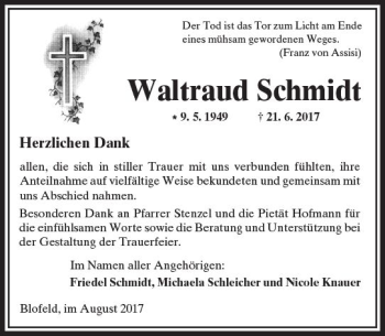 Traueranzeige von Waltraud Schmidt von  Kreisanzeiger