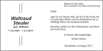 Traueranzeige von Waltraud Steuler von Trauerportal Rhein Main Presse