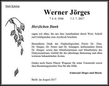 Traueranzeige von Werner Jörges von VRM Trauer