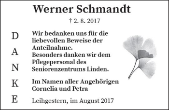 Traueranzeige von Werner Schmandt von  Gießener Anzeiger