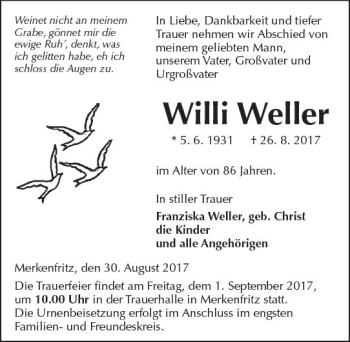 Traueranzeige von Willi Weller von  Kreisanzeiger