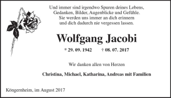 Traueranzeige von Wolfgang Jacobi von Trauerportal Rhein Main Presse
