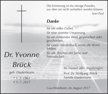 Traueranzeige von Yvonne Brück von Trauerportal Rhein Main Presse