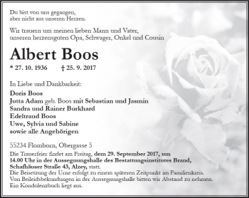 Traueranzeige von Albert Boos von Trauerportal Rhein Main Presse