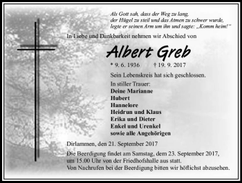 Traueranzeige von Albert Greb von VRM Trauer
