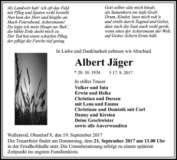 Traueranzeige von Albert Jäger von VRM Trauer