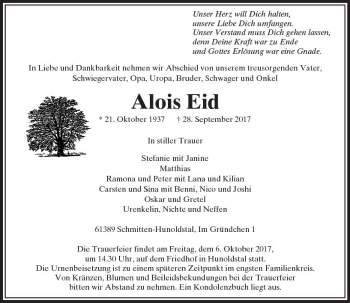 Traueranzeige von Alois Eid von  Usinger Anzeiger