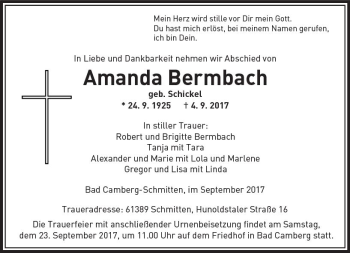 Traueranzeige von Amanda Bermbach von  Usinger Anzeiger