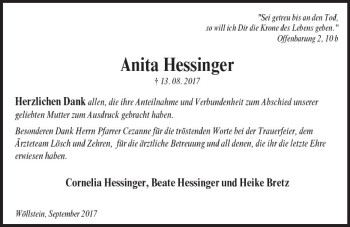 Traueranzeige von Anita Hessinger von Trauerportal Rhein Main Presse