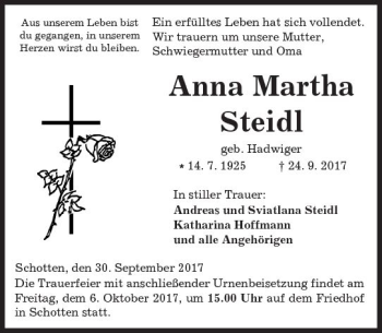 Traueranzeige von Anna Martha Steidl von  Kreisanzeiger