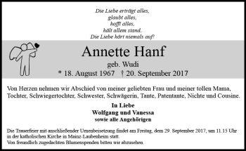 Traueranzeige von Annette Hanf von Trauerportal Rhein Main Presse