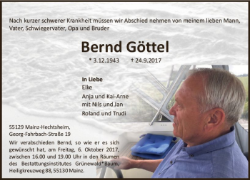 Traueranzeige von Bernd Göttel von Trauerportal Rhein Main Presse