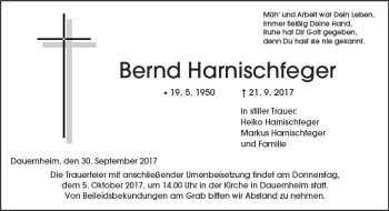 Traueranzeige von Bernd Harnischfeger von  Kreisanzeiger