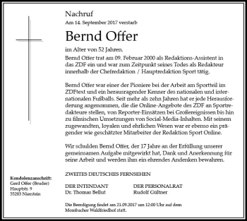 Traueranzeige von Bernd Offer von Trauerportal Rhein Main Presse