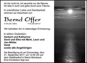 Traueranzeige von Bernd Offer von Trauerportal Rhein Main Presse