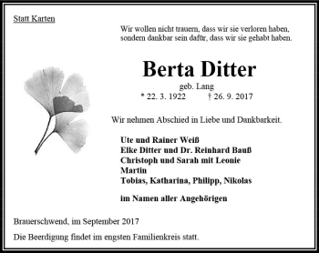 Traueranzeige von Berta Ditter von VRM Trauer