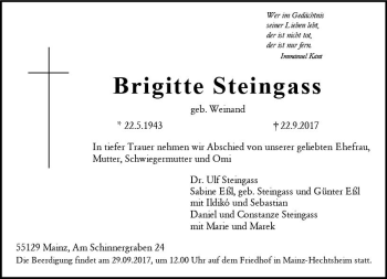 Traueranzeige von Brigitte Steingass von Trauerportal Rhein Main Presse
