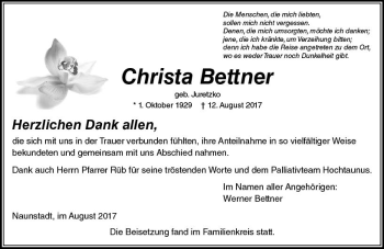 Traueranzeige von Christa Bettner von  Usinger Anzeiger