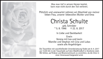 Traueranzeige von Christa Schulte von Trauerportal Rhein Main Presse