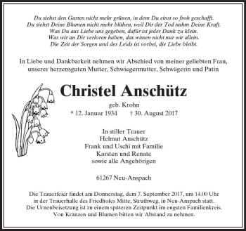 Traueranzeige von Christel Anschütz von  Usinger Anzeiger Traueranzeige von Christel Anschütz von  Usinger Anzeiger