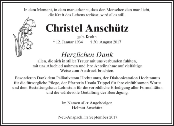 Traueranzeige von Christel Anschütz von  Usinger Anzeiger Traueranzeige von Christel Anschütz von  Usinger Anzeiger