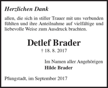 Traueranzeige von Detlef Brader von Trauerportal Echo Online