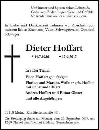Traueranzeige von Dieter Hoffart von Trauerportal Rhein Main Presse