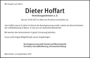 Traueranzeige von Dieter Hoffart von Trauerportal Rhein Main Presse