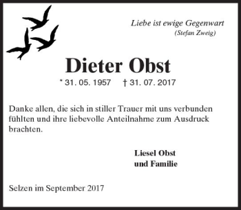 Traueranzeige von Dieter Obst von Trauerportal Rhein Main Presse
