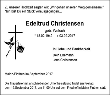 Traueranzeige von Edeltrud Christensen von Trauerportal Rhein Main Presse
